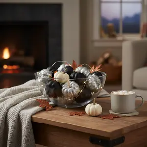 8 PCS Black & Silver Pumpkins in PVC Bag Halloween Decorative Ornaments Stylish Design Durable Handcrafted for Fall Entryway Desk or Bookshelf Traditional Fruit Nature Plants Decoration