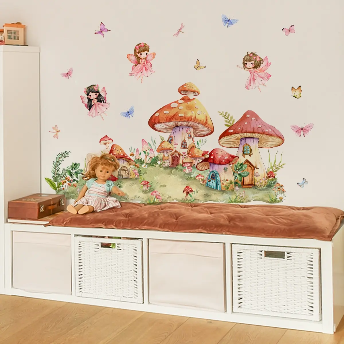 A set of two new creative mushroom house, elf and butterfly wall stickers for bedroom and living room background walls, home decoration stickers, self-adhesive, M16048-YJ