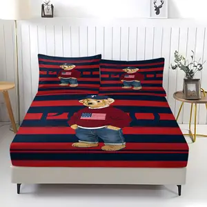 Teddy Bear Pattern Bed Sheet, Comfortable Printed Pattern, Includes 1 Bed Sheet and 2 Pillowcases, Comfortable Bedding, Non slip Dust Cover Suitable for Bedroom and Guest Room, Suitable as a Gift for Children or Adults