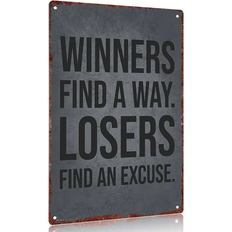 Vintage Industrial Aluminum Hanging Wall Plaque Sign - 12x8in "Winners Find A Way Losers Find An Excuse", Pre-drilled Decorative Metal Panel, Authentic Retro Feel Home Decor for Athletes (Wardrobe, Bedroom), Athlete Gift