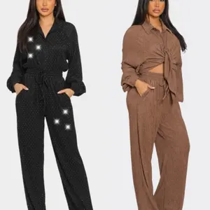 Daysi Oversized Crinkle Rhinestone Button Up 2pc Set