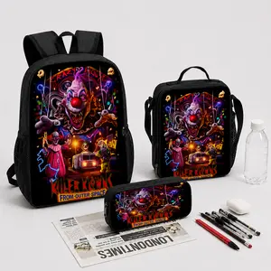 3Pcs Killer Klowns From Outer Space Backpack Set with Lunch Bag & Pencil Case Lightweight Large Capacity Student Bookbag for Boys Girls Teens Horror Fan School Backpack, Streetwear Travel Bag Back to School Graduation Gift