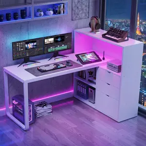 55 Inch Adjustable L-Shaped Corner Office Desk - Metal Frame P2 MDF White Home Office Furniture, 3 File Drawers, Built-In Power Hub (4 Power Outlets, 2 USB Ports), App/Remote RGB LEDs, 55.1"l x 19.68"w Nail Art Workstation to Boost Creativity