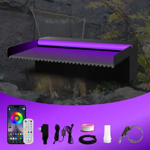 Pool Waterfall Spillway Stainless Steel Koi Pond Fountain, APP Control LED Lighted Waterfalls Kit, Acrylic Pond Spillway, Outdoor Water Flow Fountains for Garden Swimming Pool Decoration -11.8"/ 23.6"/ 35.4" pool fountain