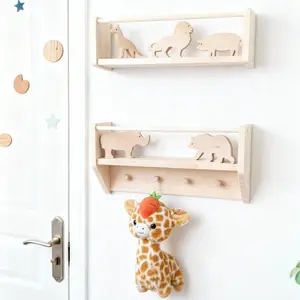 Baby Room Floating Bookshelf Set (2 Pieces), Wall-Mounted Wooden Bookshelf, Wall Shelf Unit, Shelf Rack, Toy Storage Organizer, Storage Hooks, Easy to Hang, 40cm & 60cm Natural Wood Color