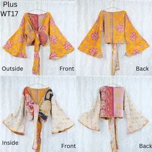 Kantha Reversible Wrap Top, Plus Size Vintage Upcycled Boho Cotton  Blouse, Three Way Tie Top, Bohemian Handmade Bell Sleeve Blouse, Hippie Boho Wrap Top