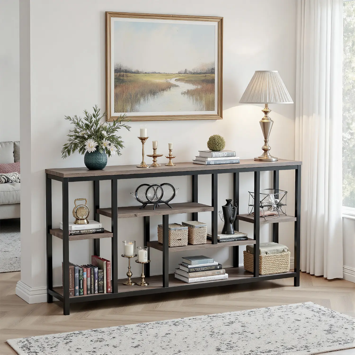 Spaco 70.9" Industrial Rustic Console Table - 3-Tier Storage Shelves Narrow Accent, Modern Side End Table with Steel Frame Pedestal Base, Easy-Assembly Indoor Organizer for Living Room, Entryway, Modern Side Table