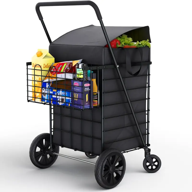 Shopping Cart w/Waterproof Basket Liner & 360° Swivel Wheels | Foldable Collapsible & Lightweight | Perfect for Groceries Laundry Utility Cart - Black