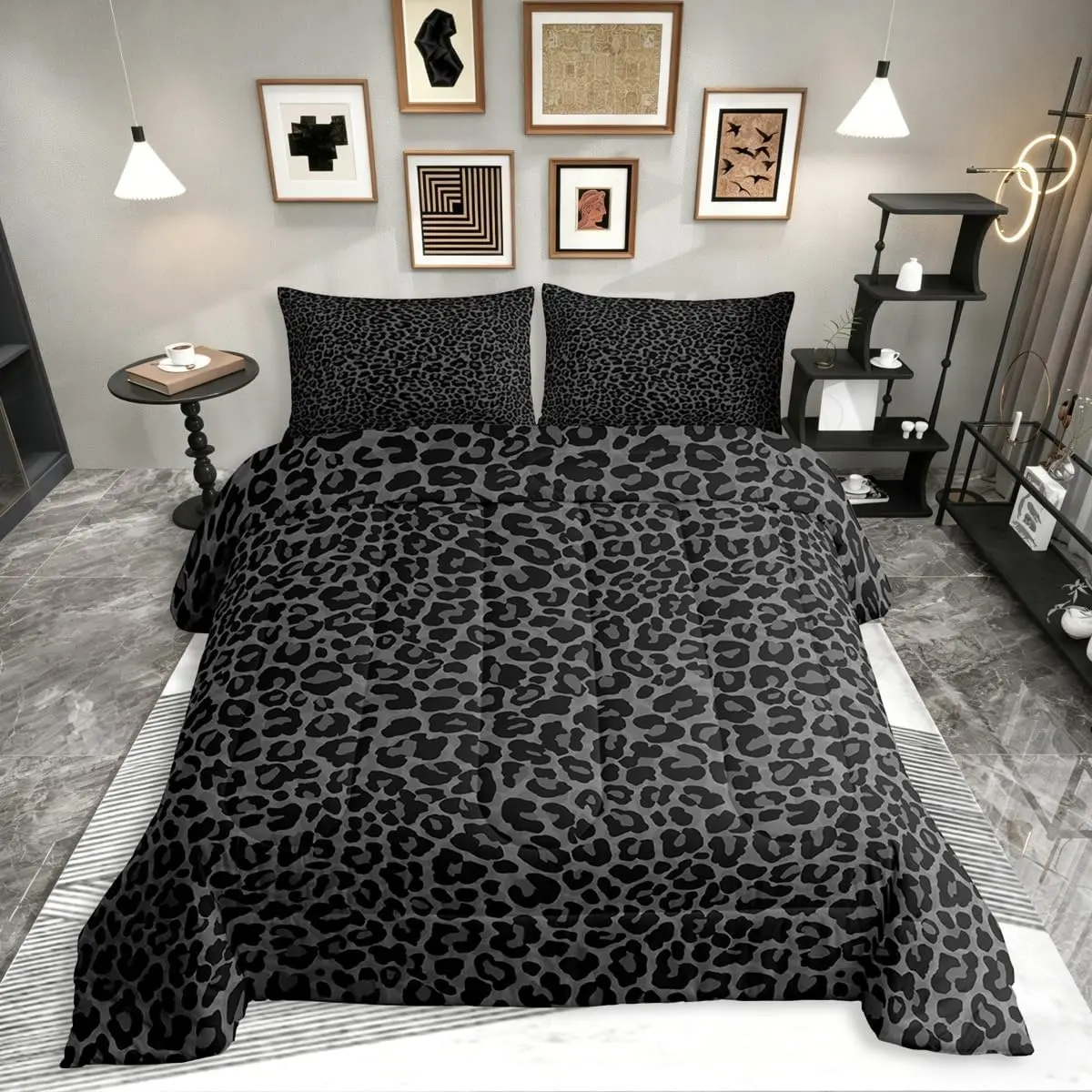 Feelyou Cheetah Pattern Bedding Set - Soft Black & Grey Microfiber Duvet Set, Breathable Lightweight Leopard Bedding, Queen/King Sizes, All-Season Use, Bedroom Decor Ideas, Leopard Bedding Set