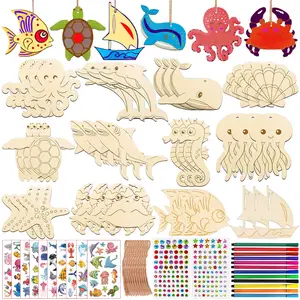 Ocean Animal Theme Kids Wooden Craft Kit, DIY Birthday Handmade Crafting Kit Set, Includes 36 Blocks, 36 Strings, 12 Watercolor Pens, Art Stickers, Creative Gift