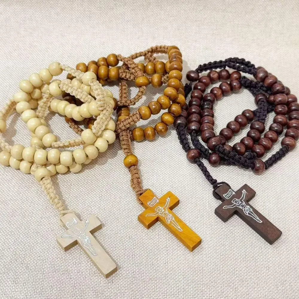 Handmade Catholic Rosary Necklace - Jerusalem Holy Wooden Prayer Beads with Crucifix, Unisex Culturally-Inspired Multicolor Cross Emblem Religious Pendant Necklace for Catholic Communion, Cross Emblem Necklaces