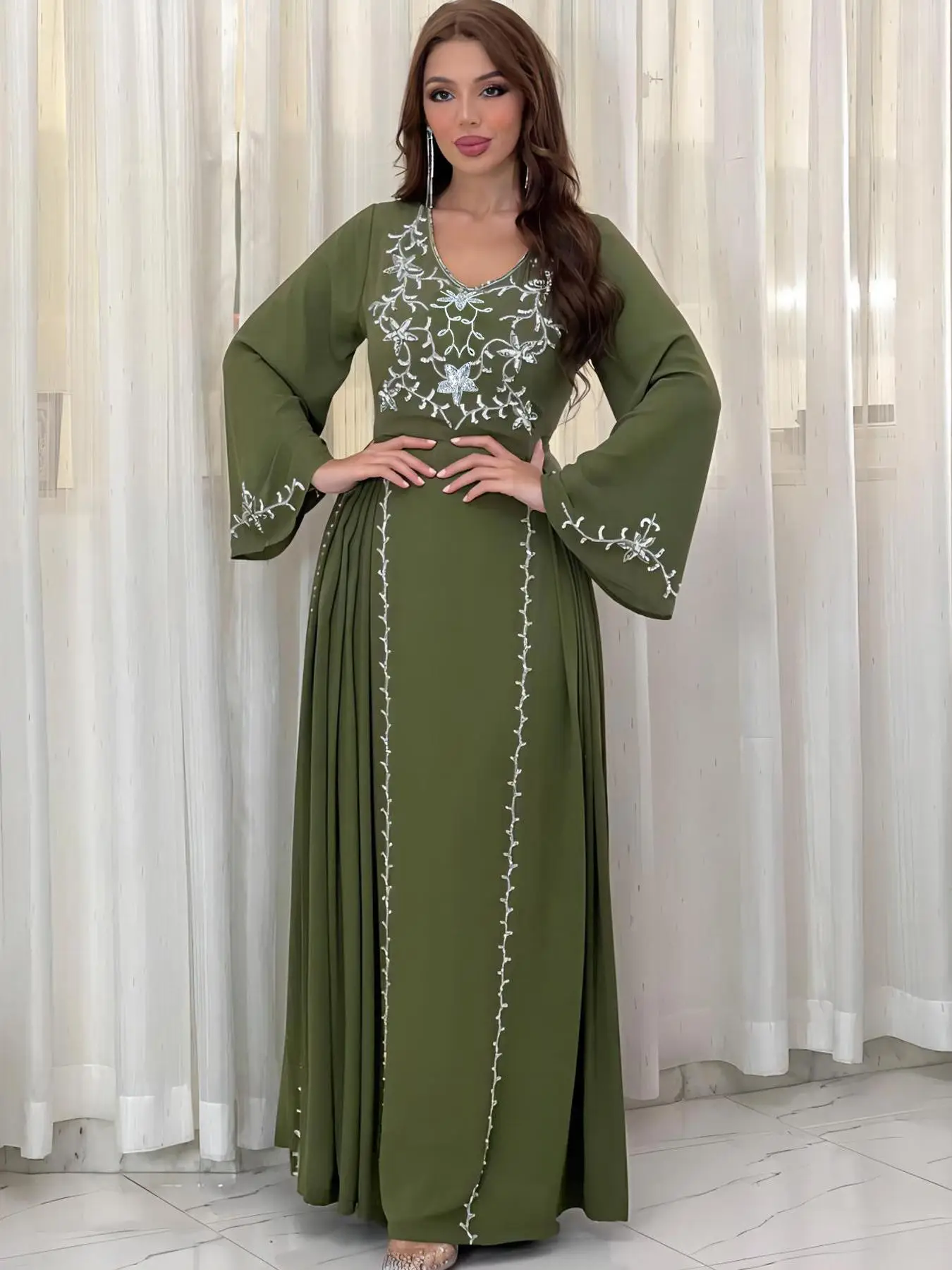 Arabic Clothing- Contrast Sequin Tie Back Pleated Arabian Dress, Elegant Flounce Sleeve V Neck A Line Dress, Women's Islamic Clothing for Daily Wear