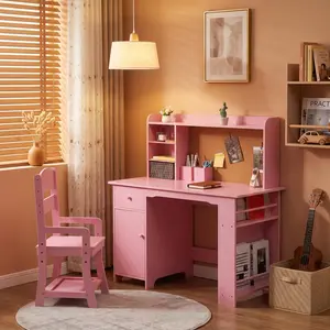 Kids Desk – Study Desk and Chair Set for Boys & Girls – Wooden Kids Writing Table with Bookshelf, Bulletin Board, Cabinet & Drawer for Ages 3‑8