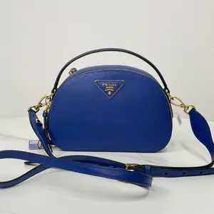Pre-owned PRADA Odette Mini Crossbody Bag in Blue Saffiano Leather Gold Hardware