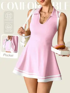SLYNVIA Charm Womens Yoga Casual Sleeveless Polo Collar Dress with Pockets Athletic Mini Dress