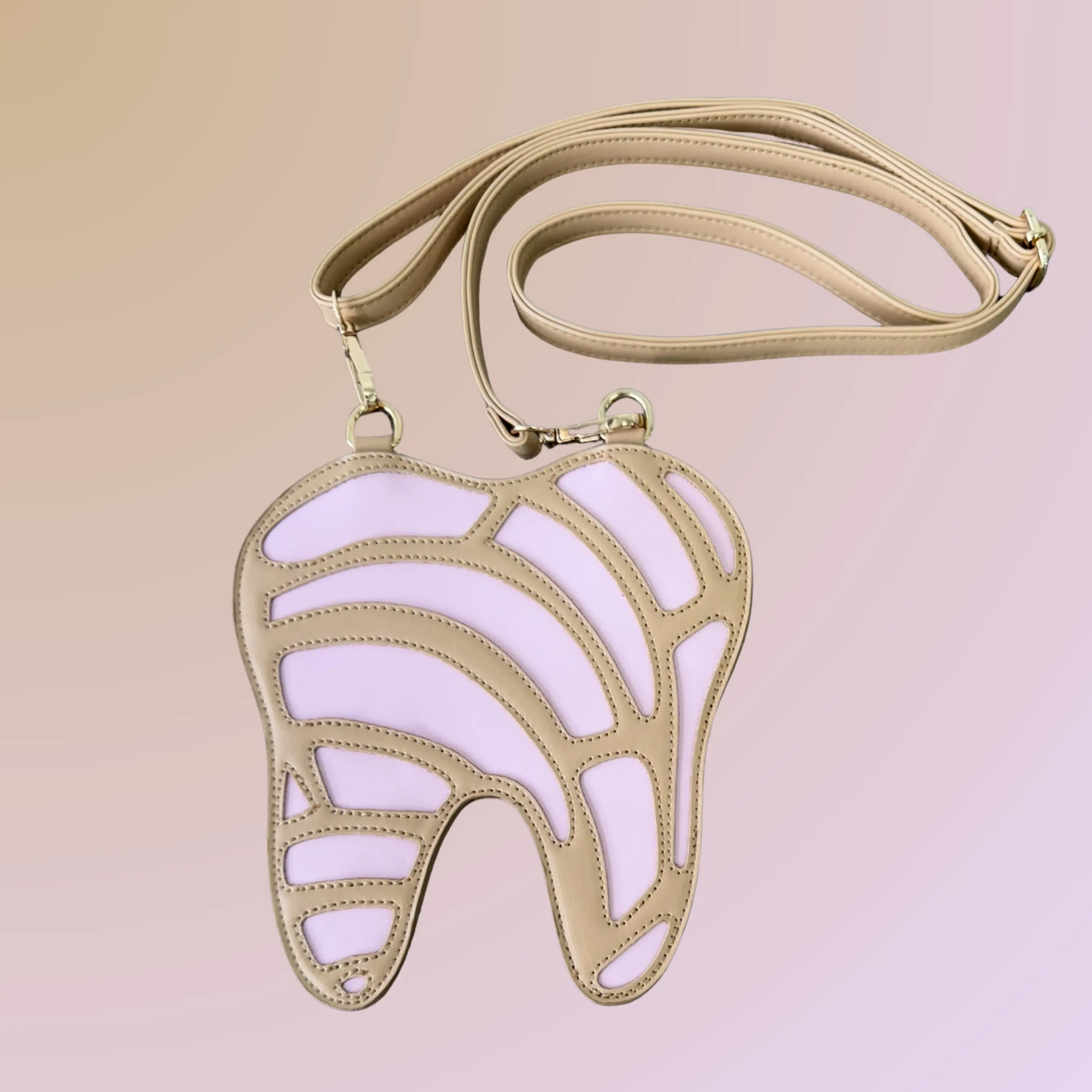 Concha Toothy Purse - Pink & Tan Tooth Shaped Bag with Gold Trim & Detachable Strap