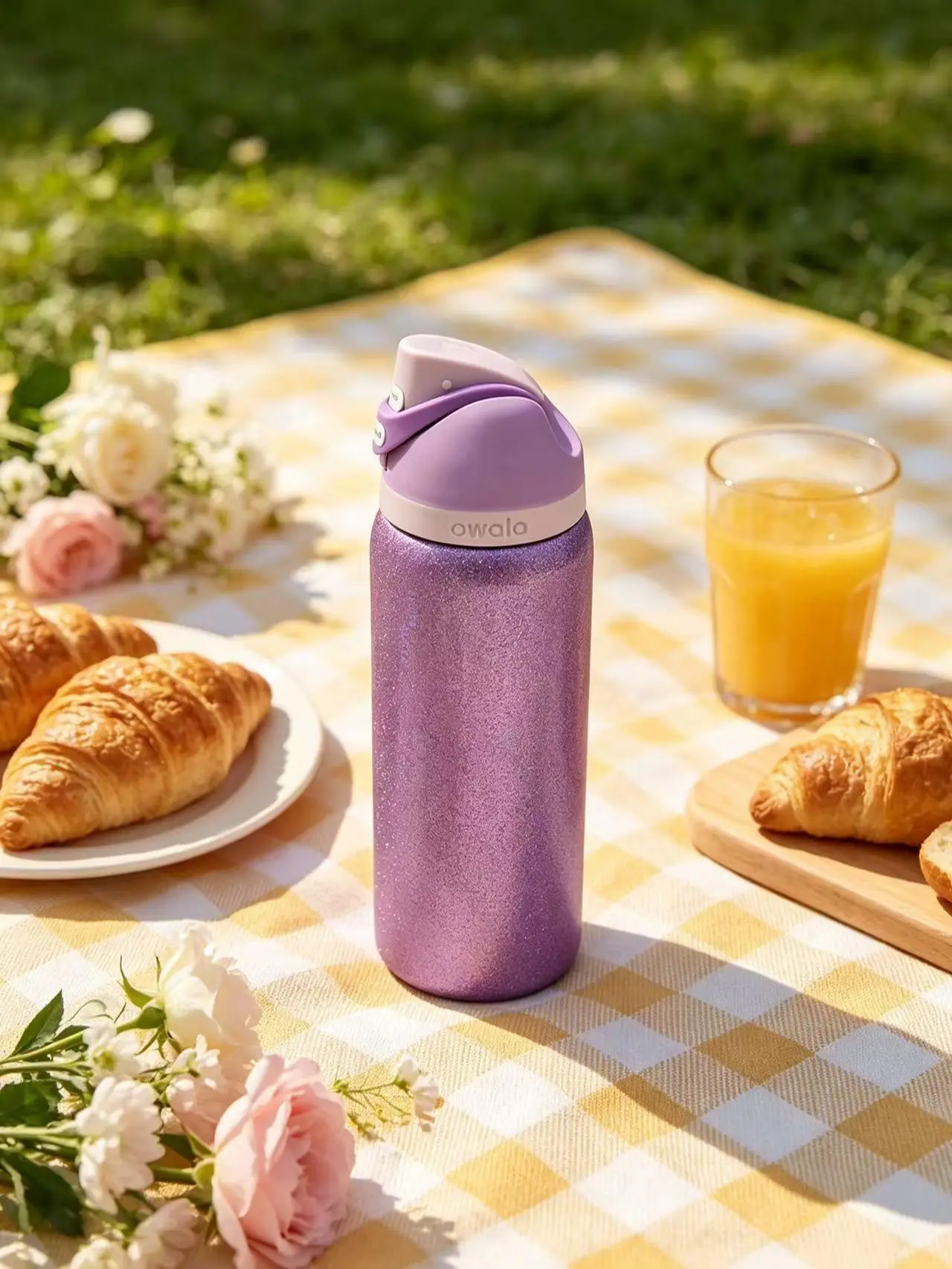 Owala 32 oz Shiny Glitter Purple Stainless Steel Insulated Water Bottle - Stainless Steel Tumbler, Traveler Water Bottle, Leak-Proof Pressed Button Flip Cover, BPA-Free, Ideal for Camping, Fitness, Women/Girls Drinkware for Lovers