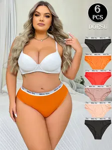 DORSU 6PCS Plus Size Women's Underwear with Elastic Waistband Solid Color Comfortable Breathable Suitable for Daily Wear