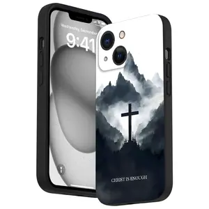 Mountain Scenery Cross Pattern Straight Edge Phone Case for iPhone 16 15 14 Pro Max 13 12 11 XR XS Plus Shockproof Drop Protection Rugged Durable Silicone Cover