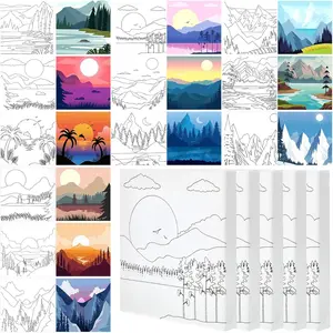 12 Pcs Pre Drawn Stretched Canvas Kit for Adults Painting Pre Printed Canvas Outline for DIY Painting Party Favor,6 x 6 x 0.6 Inches(Mountain)