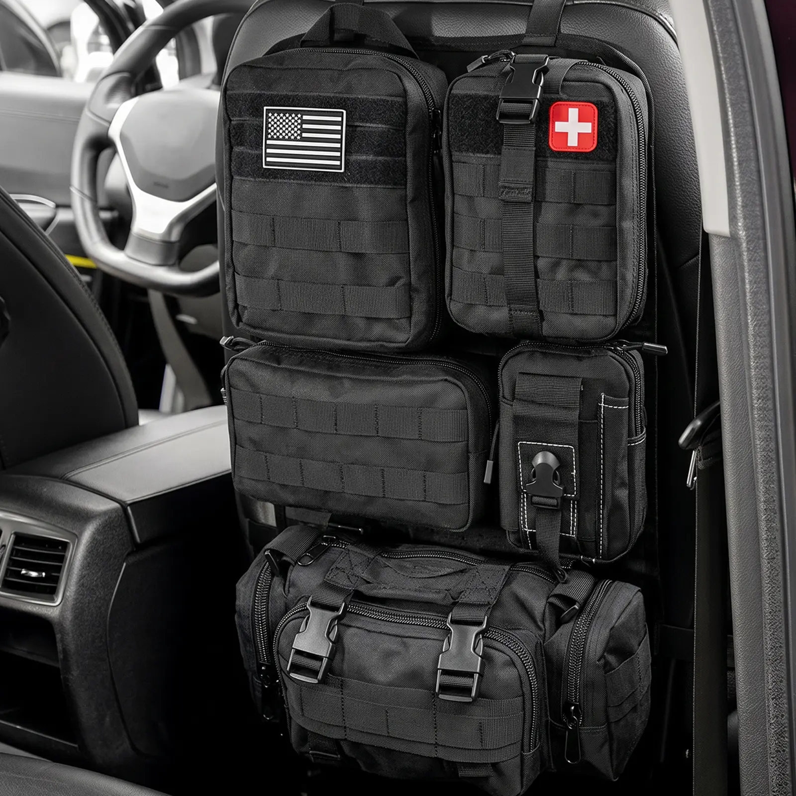 Automotive Car Organizer Kit, Universal Tactical Car Seat Back Organizer 5 Detachable Pouches for Stowing & Tidying Back Seat Storage Bag with US Flag Patch Fit for Car Truck SUV Jeep Large Capacity Car Organizer for Phone, Medical, Admin, Camera Gear