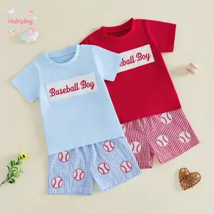 Baby Boys "Baseball Boy" 2 Piece Outfit, Short Sleeve T-Shirt & Gingham Shorts Set with Baseball Applique, Casual Sporty Toddler Clothing, Soft Cotton Blend for Newborn & Toddler