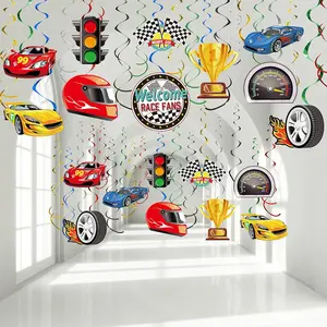 P-PSD09   30 Pieces Race Car Party Hanging Swirls Decorations, Checkered Flags Racing Birthday Party Foil Ceiling Decor for Kids Boys Men Fans Birthday Baby Shower Supplies