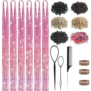 Pink Hair Tinsel Kit for Girls 1800 Strands Fairy Tinsel Hair Extensions Holographic Hair Tinsel Heat Resistant Colored Hair Glitter Christmas Party Festival