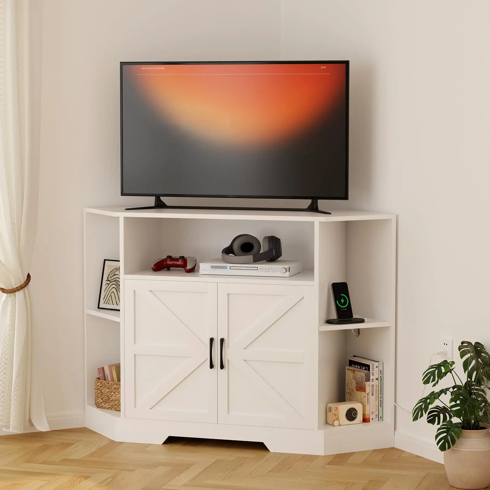 Corner TV Stand for TVs Up to 55 Inch - Farmhouse Corner TV Cabinet with Power Outlet, Storage Cabinets & Shelves, Modern Wood Media Console