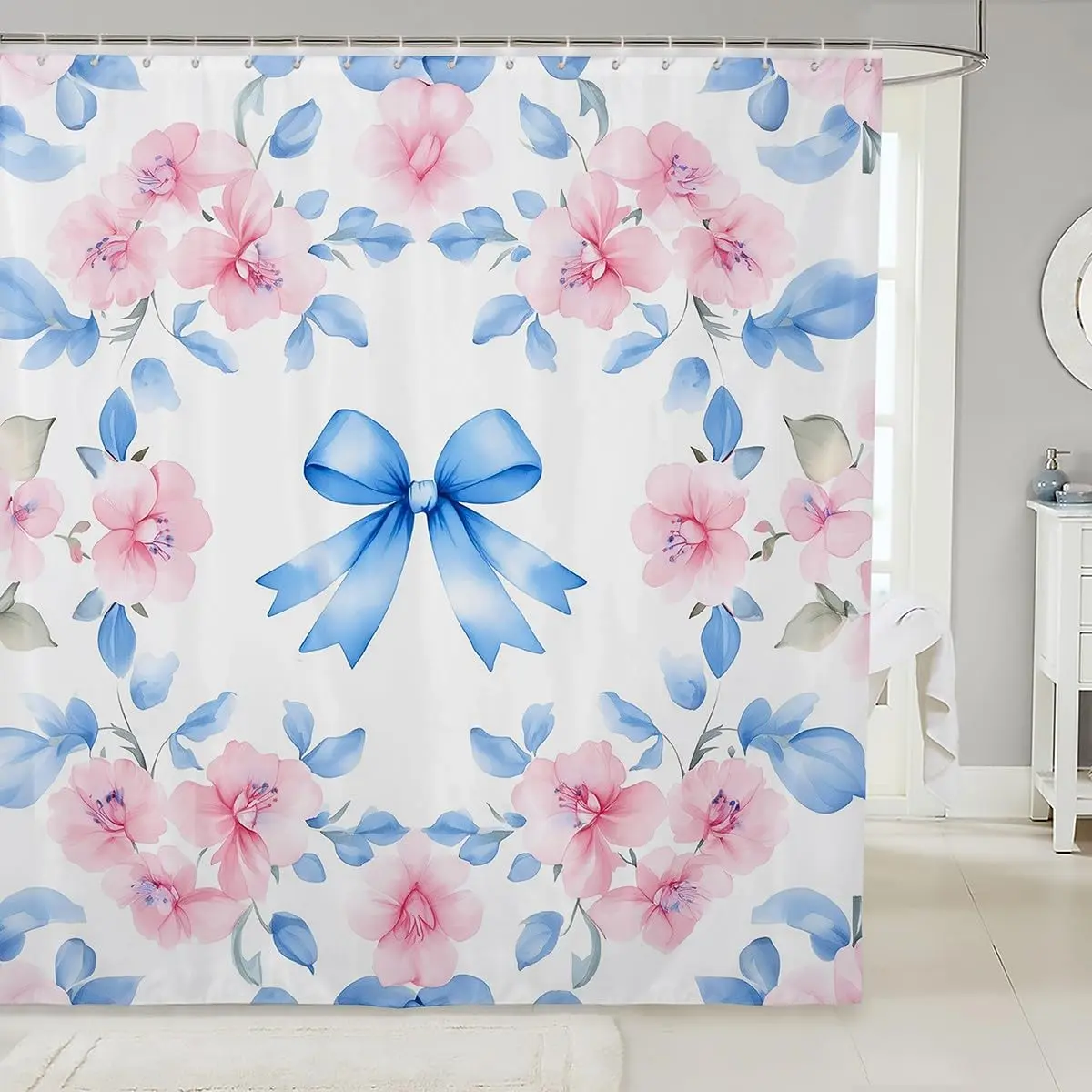 Blue Bowknot Shower Curtain Set,Pink Floral Bow Bathroom Decor,Country Cottage Flower Bathroom Set,Coquette Bowtie Fabric Shower Curtain