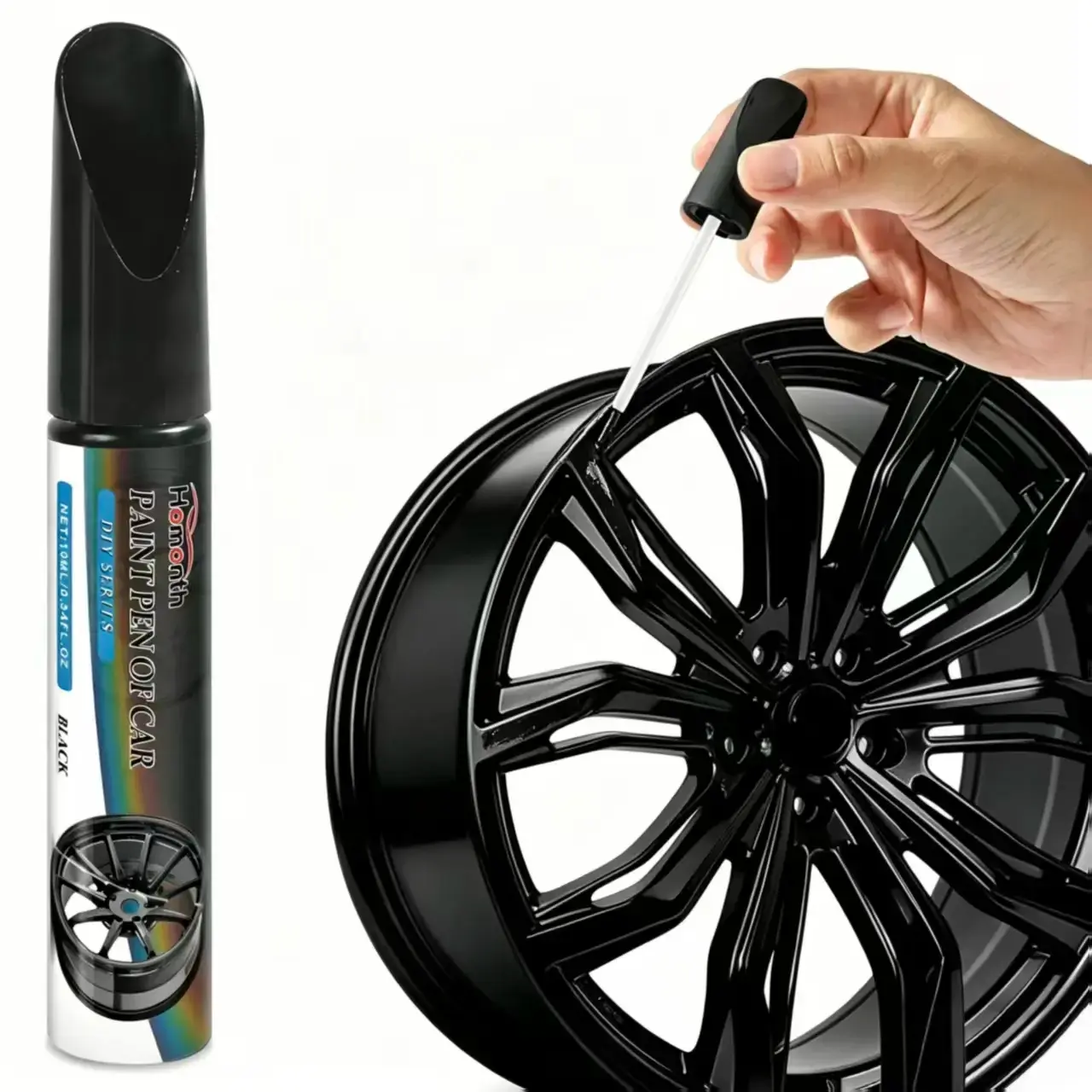 Car Gloss Black Rim Touch Up Paint Pen, Fix Scuffs, Scratches & Paint Chips on Car Rims, Universal Gloss Black Enamel Paint for Alloy Metal Wheels, Scratch Resistant Automotive Rim Accessories