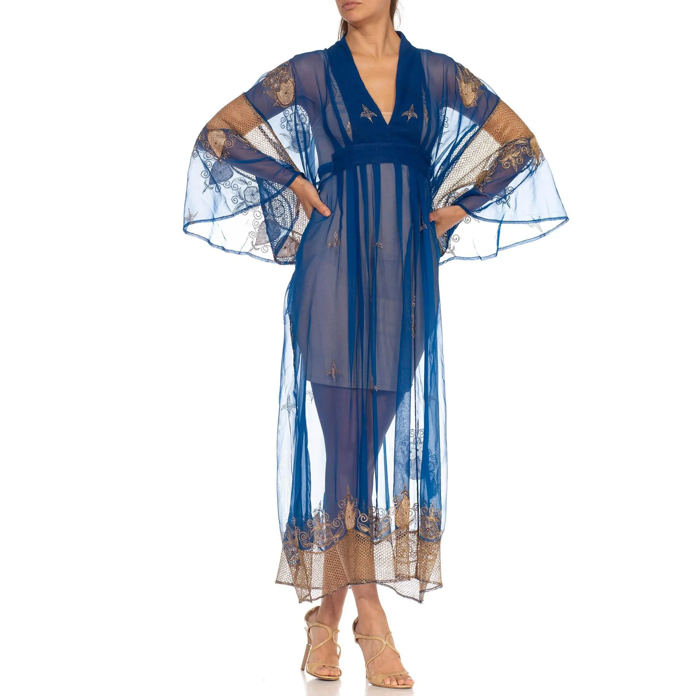 MORPHEW COLLECTION Blue & Gold Silk Kaftan Made From Vintage Saris