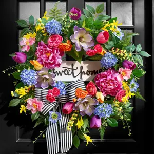 Spring Wreaths for Front Door Outside– 24 Inch Spring Door Wreath with Pink Peonies, Roses,Blue Hydrangeas&Yellow Tulips,Colorful Welcome Summer Wreaths fo
