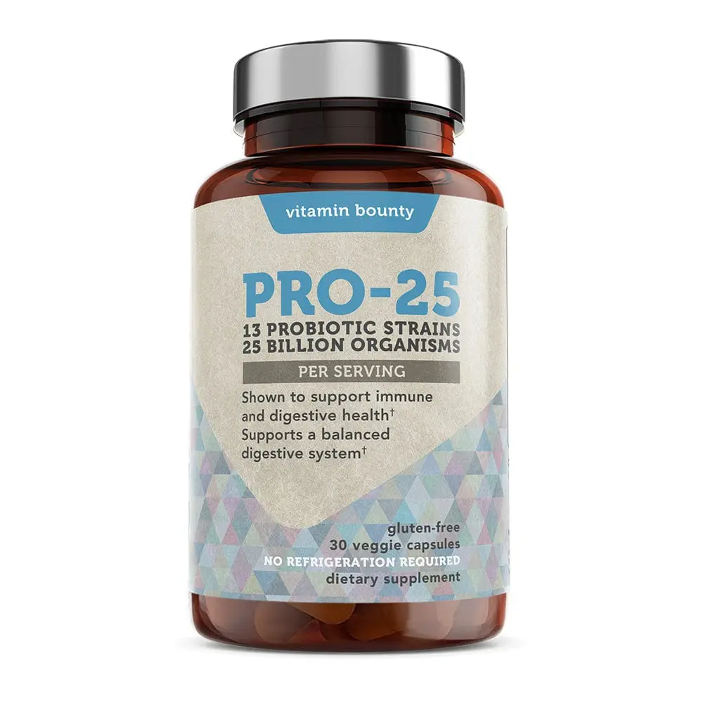 Vitamin Bounty Pro-25 Probiotic - 25 Billion CFUs, 13 Strains for Gut & Immune Support, Prebiotics & Delayed-Release Capsules - 30 Count