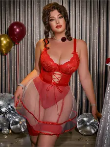 Plus size women's lingerie set, Lingerie garter set, hollow sheer mesh with lace splicing, underwire design, 4-piece set includes bodysuit, skirt and 2 thigh rings, ideal for private parties and Valentine's gifts, plus size women clothi