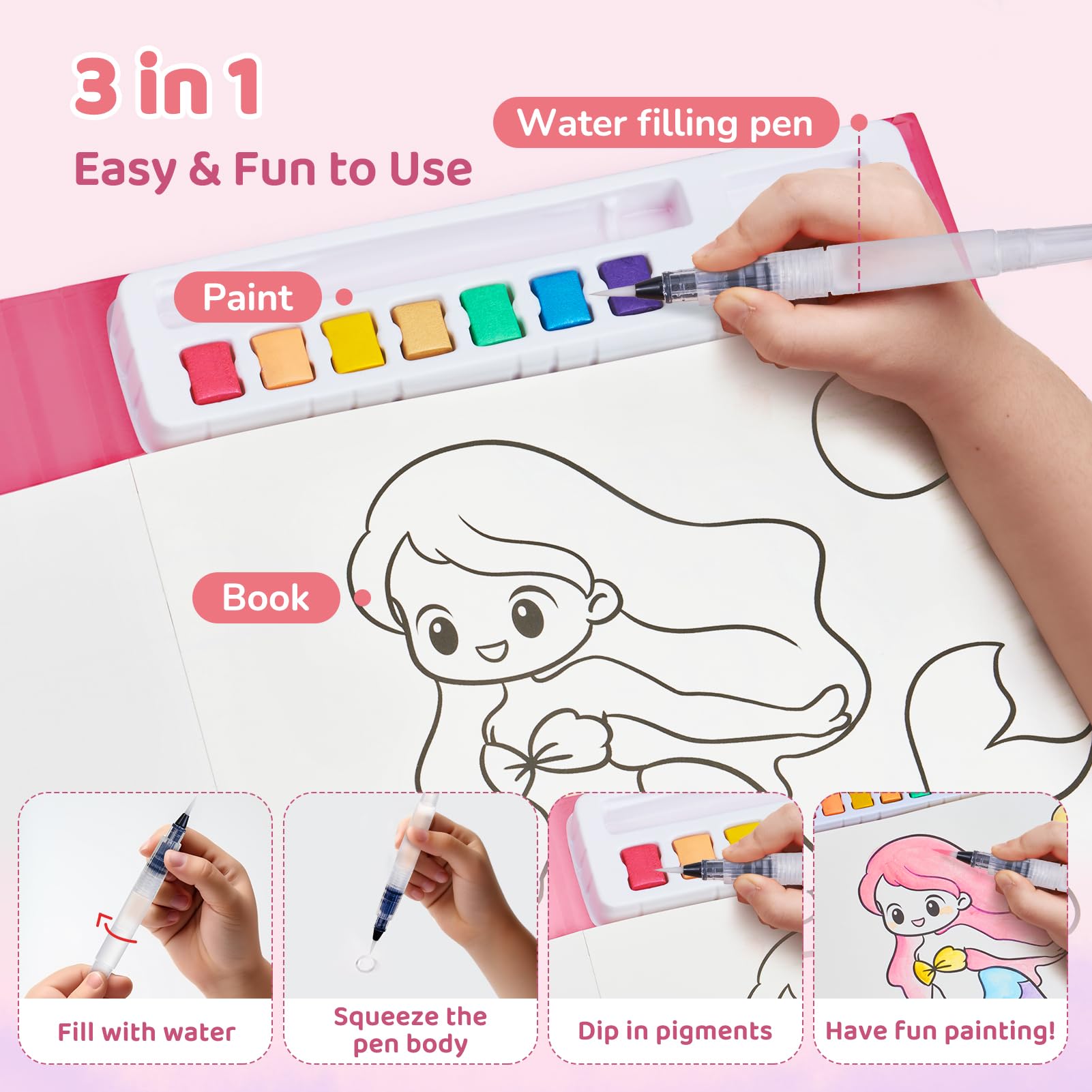 Watercolor Painting Sets for Kids Ages 3-5 4-8 Magical Pony Theme 3-in-1 Paint Brush Coloring Book Set for Boys Girls Educational Fun Toy Birthday Gift Watercolor Painting Sets for Kids Ages 3-5 4-8 Magical Pony Theme 3-in-1 Paint Brush Coloring Book Set for Boys Girls Educational Fun Toy Birthday Gift