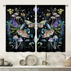 2pcs Magic Floral And Moth Pattern High Definition Digital Print Curtains, Semi-Transparent Polyester, Fade Resistant, Hand Washable
