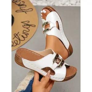 Women's Summer New Fashion Stylish Casual Wedge Sandals Open Toe Slides, One-Click Slip-On Comfortable Soft Sole, PU Leather Ladies Slippers for Multiple Scenarios