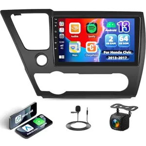 2G+64G Android 15 Car Stereo Radio for Honda Civic 2013-2017 Wireless Carplay Android Auto, 9" Touch Screen in-Dash GPS Navigation Head Unit Bluetooth FM/RDS EQ WiFi,USB + AHD Backup Camera & Mic