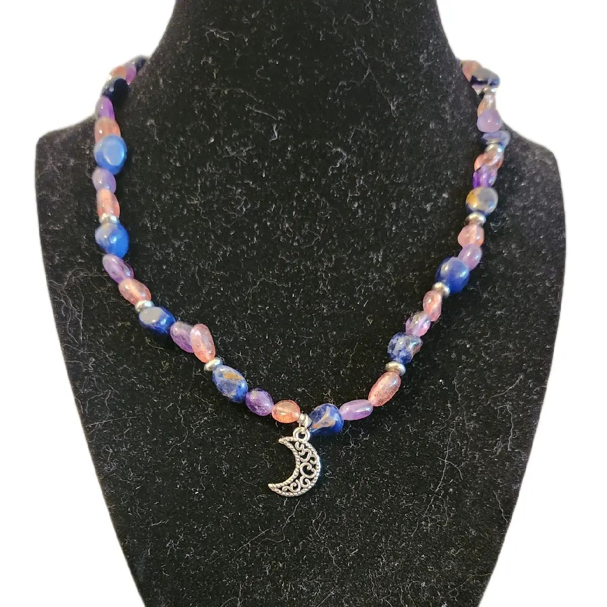 Bisexual Pride Flag Themed Natural Crystal Necklace made from Amythest, Lapis Lazuli, and Strawberry Quartz with a vintage style Moon Pendant