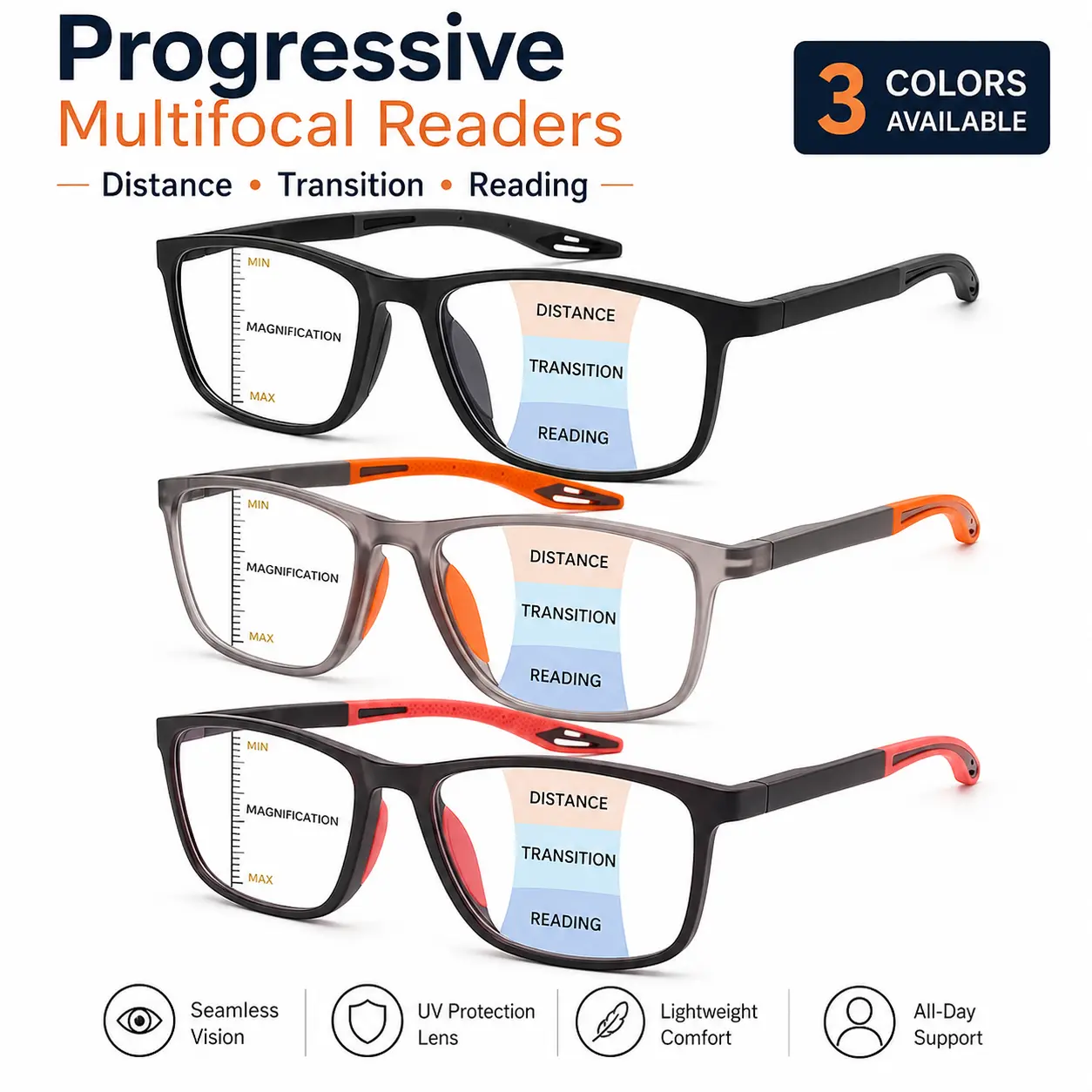 Progressive Multifocal Reading Glasses for Men Women, Blue Light Blocking Computer Readers, HD Clear Lens, Lightweight Oversized Spring Hinge Frames