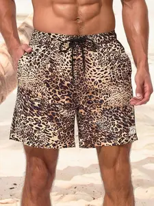 Men's Leopard Print Swimwear Bermuda Shorts With Drawstring & Pockets Fashionable For Summer Vacation Wear