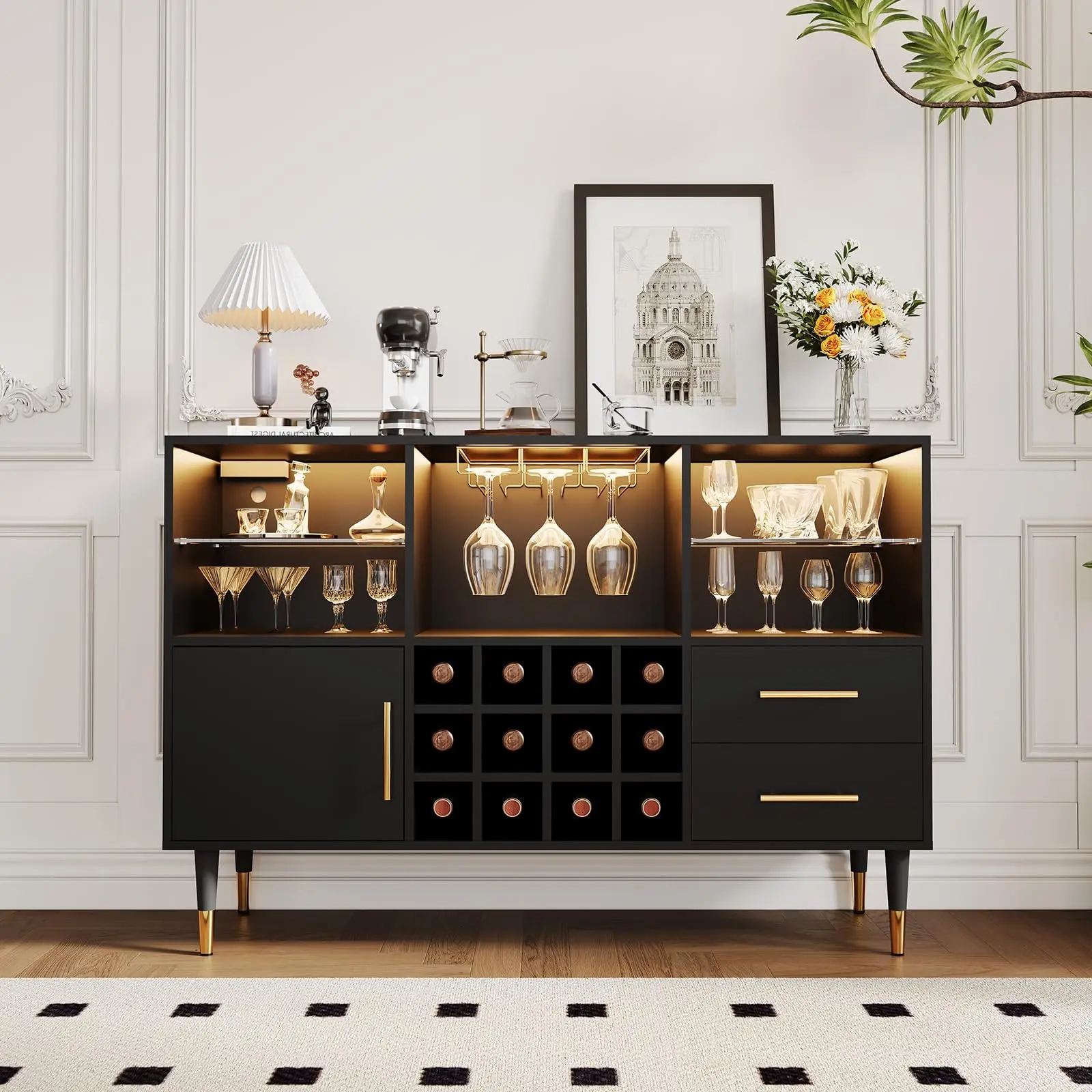47-Inch Contemporary Wood Bar Cabinet - RGB LED Lighting, 12-Bottle Wine Rack, Charging Station, Storage Drawers & Cabinets, US Standard Color Modern Sideboard Buffet for Dining Room Interior Storage Furniture, Drawers And Cabinets, Liquor Wine Cabinets