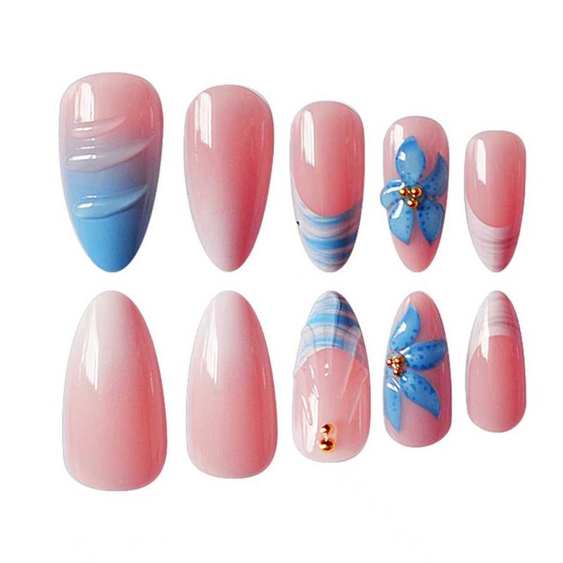 24pcs Almond Press-On Nails, Glossy Blue Gradient Design, Starfish Shell Flower Decorations, Easy Apply Nail Art Set for Women & Girls Gift