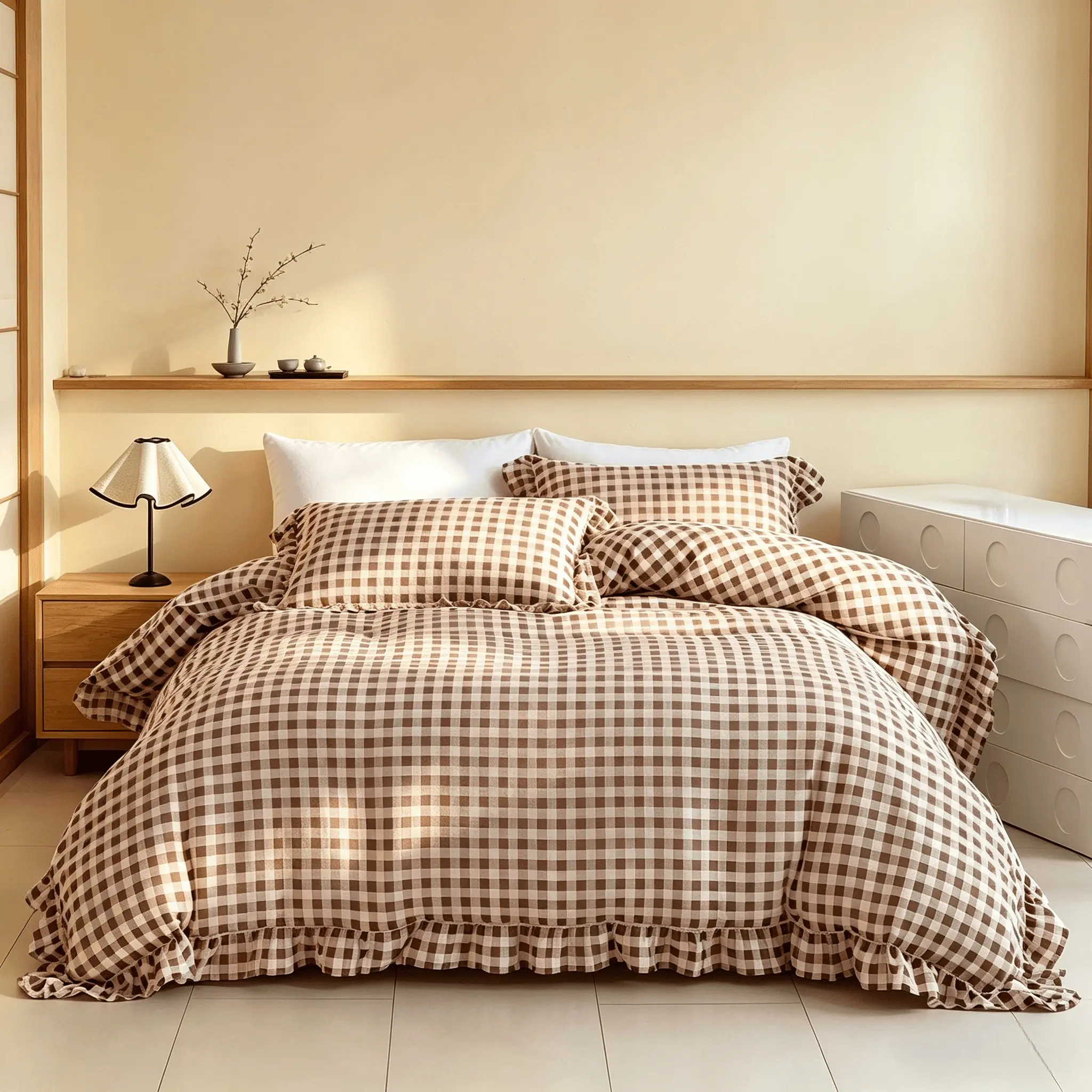 3pcs Classic Plaid Bedding Set, Soft  Raffle Frill Trim Duvet Cover*1 and Pillowcases*2 Without Any Fillings, Zippered, Comfortable Fabric, All Season Suitable, Checkered Bedding Set