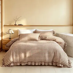 3pcs Classic Plaid Bedding Set, Soft  Raffle Frill Trim Duvet Cover*1 and Pillowcases*2 Without Any Fillings, Zippered, Comfortable Fabric, All Season Suitable