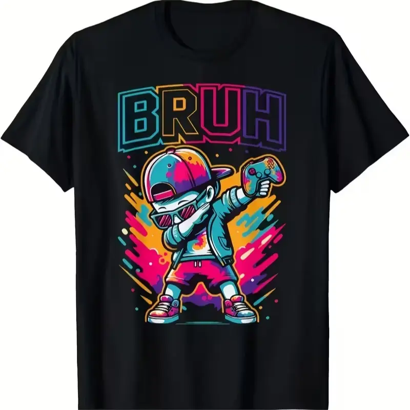 Boys' black short-sleeved T-shirt with neon graffiti "BRUH" print and cartoon character graphics - casual crew neck sweater suitable for daily wear.  soft fabric, youth style menswear graphic t-shirt Men's Cotton Crewneck T-Shirts adult funny t-shirt