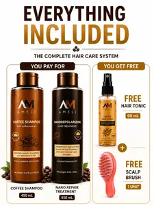 Complete Hair Care System | Coffee Shampoo + Nano Repair Treatment | Free Hair Tonic & Scalp Brush | AMELI
