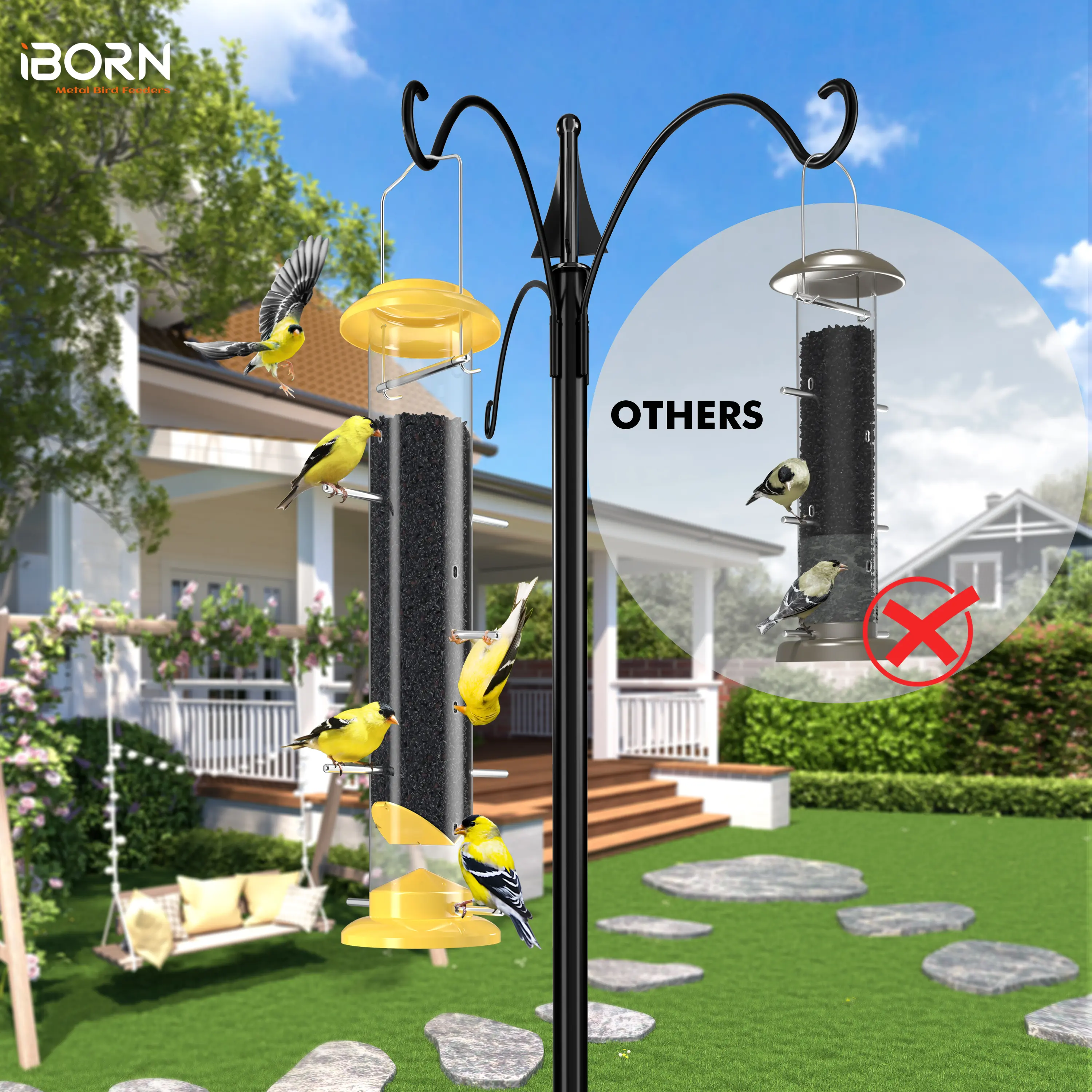 iBorn 14" Yellow Metal Finch Feeder - 12 Nyjer Ports & 8 Perches | Weatherproof Outdoor Hanging Bird Feeder for Thistle Seed