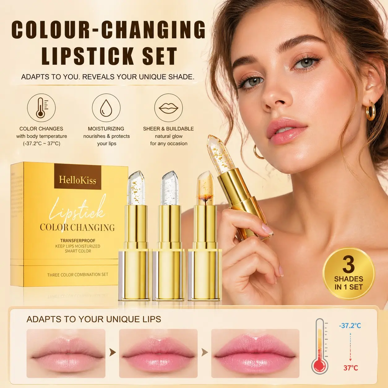 HelloKiss 3Pcs Color-Changing Lip Balm, PH & Temperature Reactive Lipstick, Gold Crystal Glossy Finish, Silky Smooth & Hydrating Lip Gloss, Long-Lasting Moisturizing Lip Care for Shiny Bright Lips, Lip Moisturizer Gloss